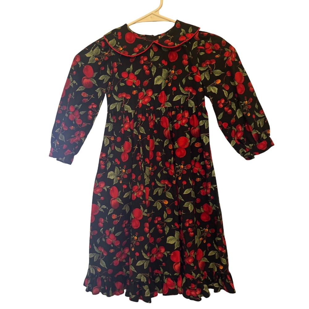 Storybook Heirlooms Dress Girl's Size 4 Black Red Fruit‎ Print Long Sleeve